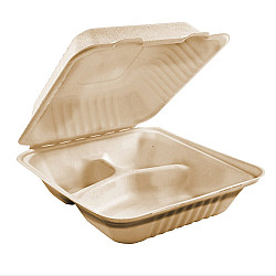 Contenant pour emporter refermable en bagasse 3 compartiments 8''X8'' - 200 unités