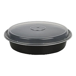 Contenant rond noir 48 oz en plastique avec couvercle - 150 unités